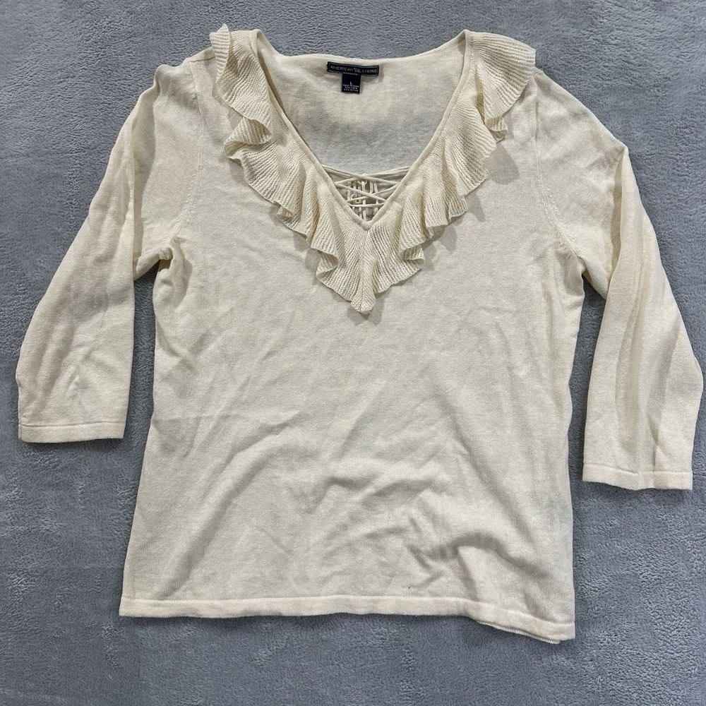 American Living Shirt Women Large Yellow Long Sleeve Sweater Ruffle V Neck Linen